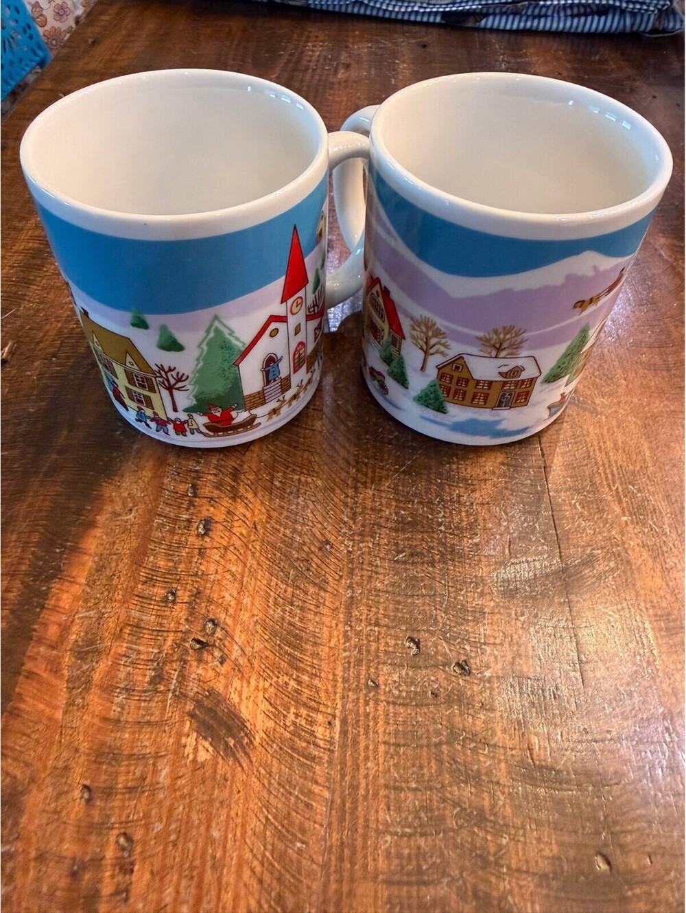 Vintage Christmas Ceramic Mugs with Winter Village Scene